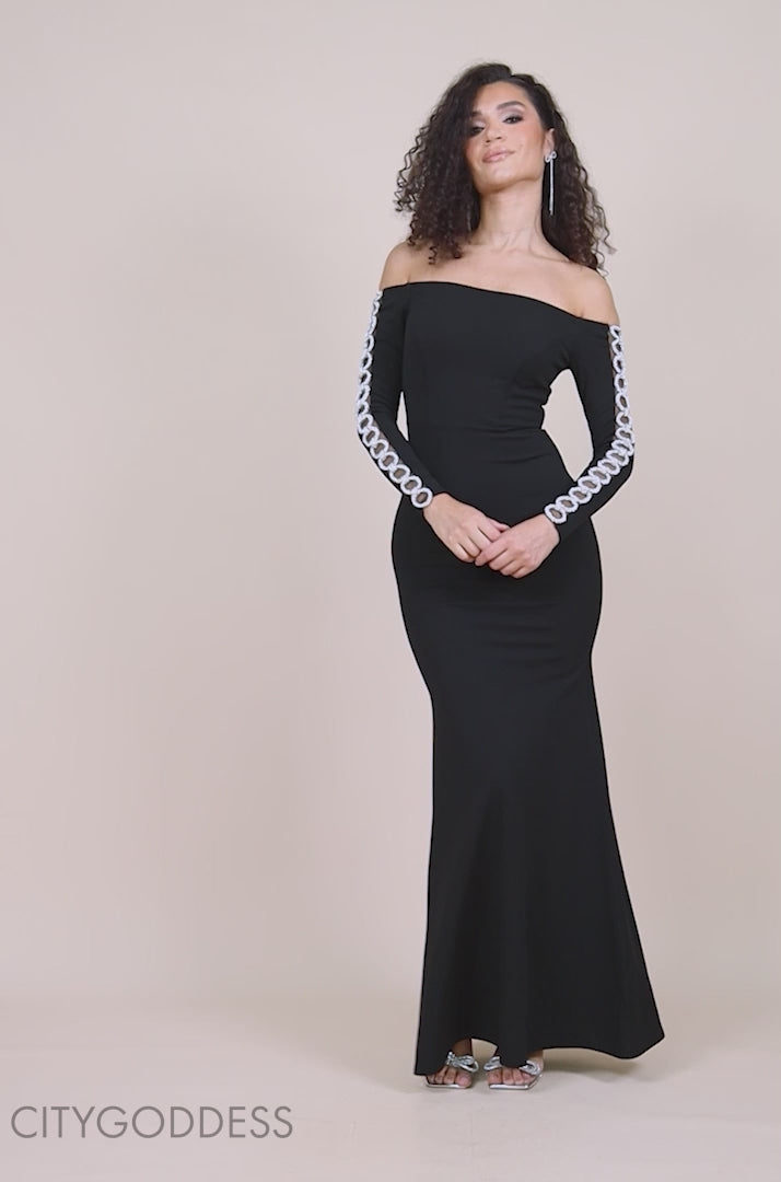 Embellished Diamante Sleeve Bardot Maxi Dress DR4424