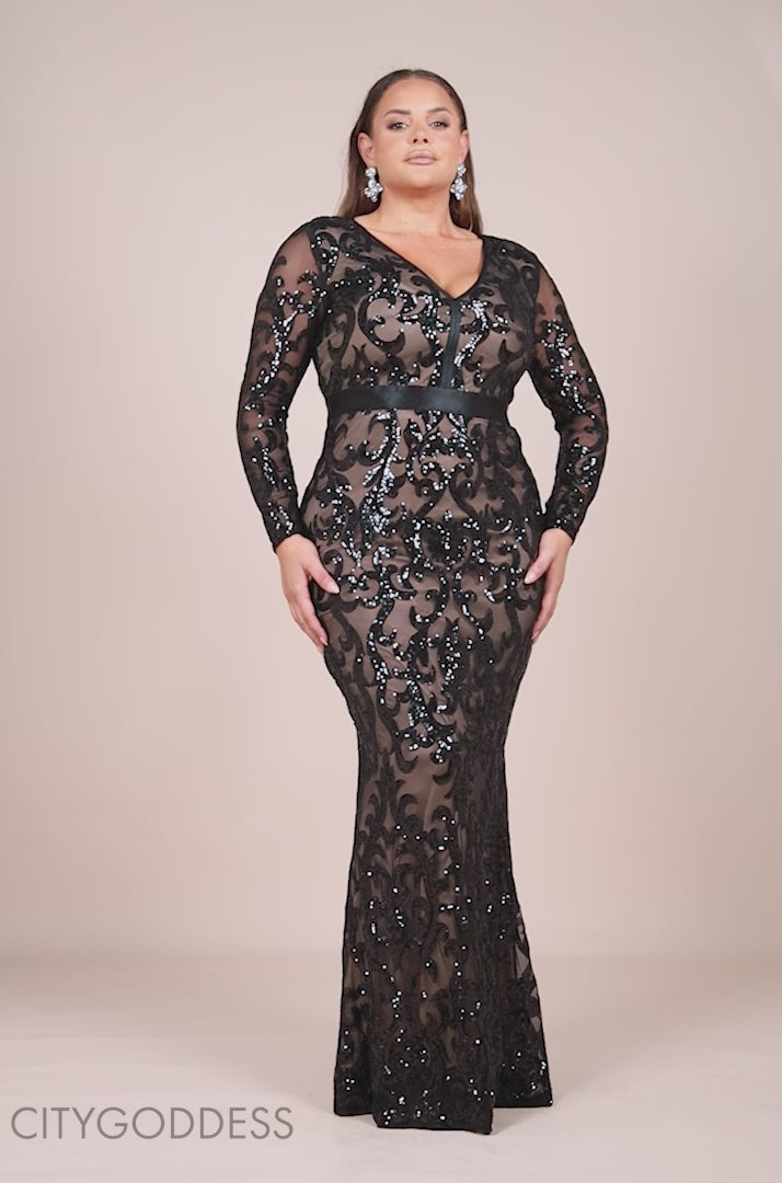 Embroidered Sequin & Mesh Maxi Dress DR2558PLUS