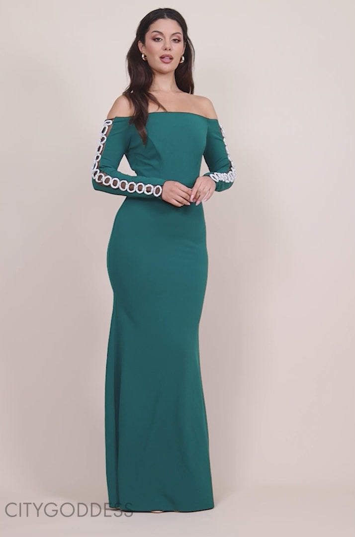 Embellished Diamante Sleeve Bardot Maxi Dress DR4424