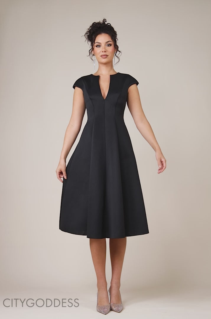 Cap Sleeve Plunging V-Neckline A-line Midi Dress DR4540