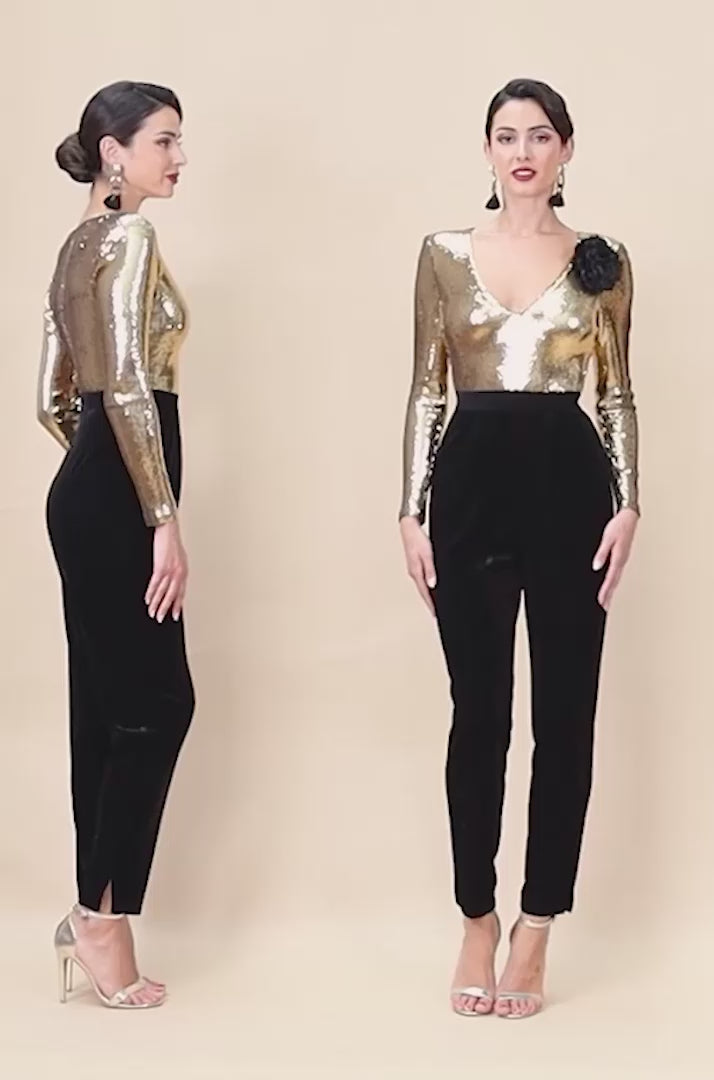 Liquid Sequin Jumpsuit With Corsage TR380