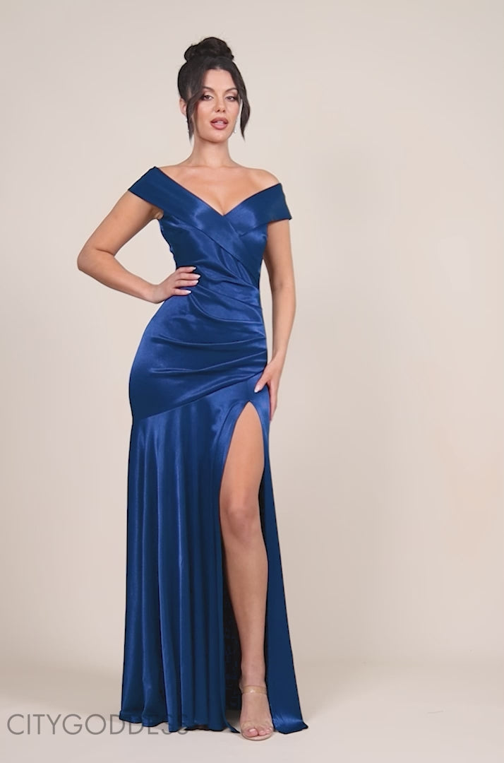 Satin Off Shoulder Pleated Maxi Dress DR3731