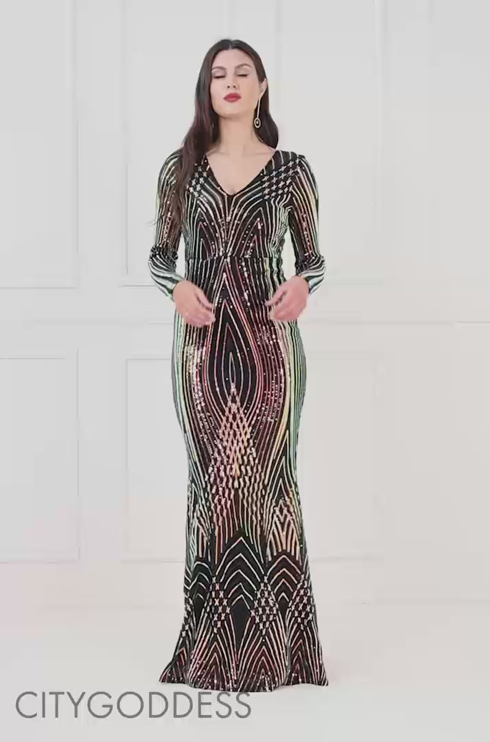 Dual Tone Patterned Sequin Maxi Dress DR3494