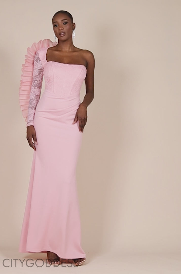 One Shoulder Organza  Fan Detail Lace Bodice Maxi Dress DR4577