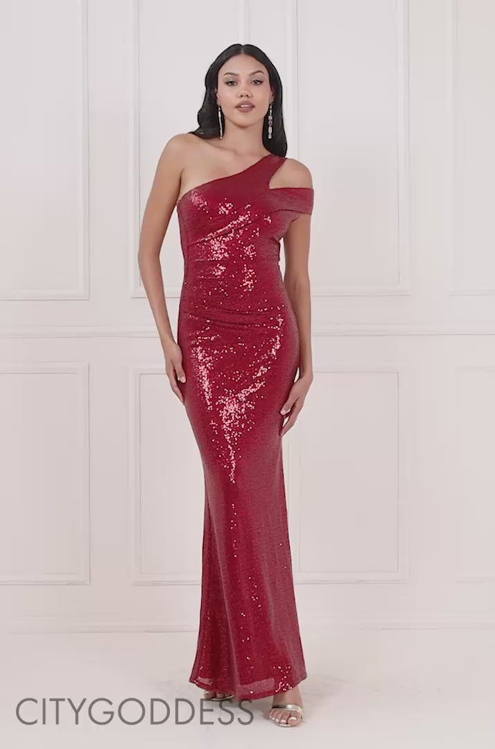 One Shoulder Sequin Evening Maxi Dress DR4069