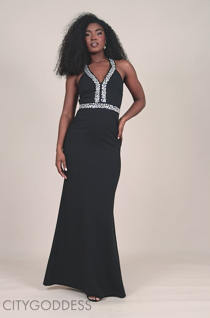 Scuba Crepe Diamonte Embellished Halter Neck Maxi Dress DR2634QZ