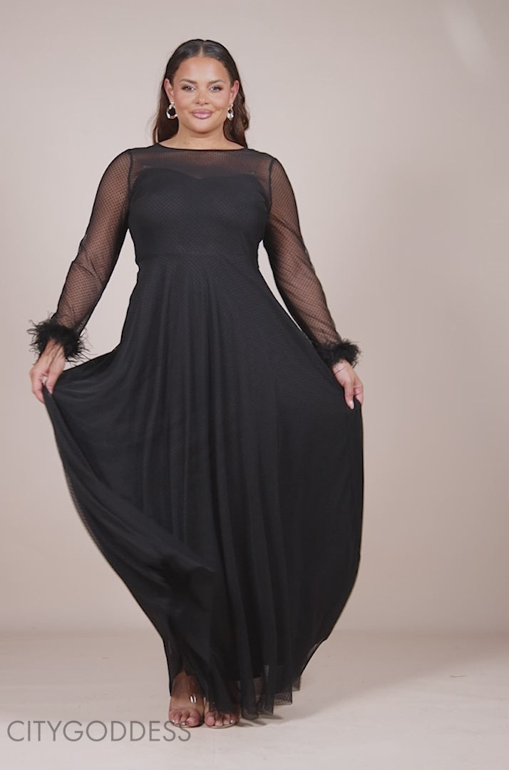 Dobby Mesh Feather Sleeve Hem Maxi Dress DR4046PLUS