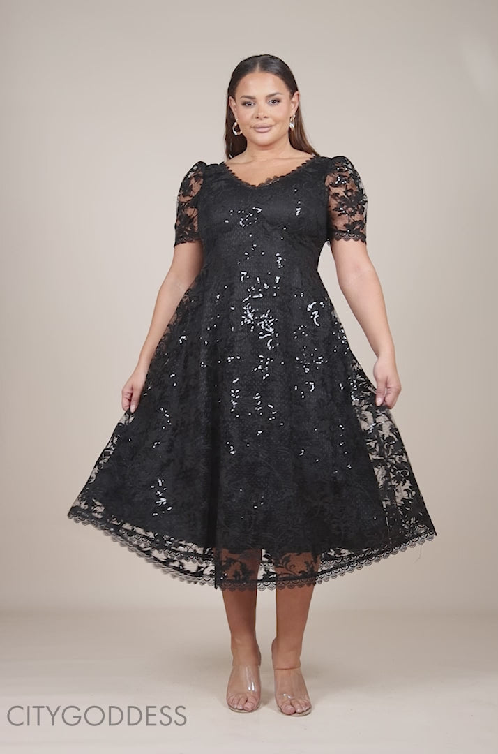 Sequin Lace V Neck Flared Skirt Sleeve Midi Dress DR4429PLUS