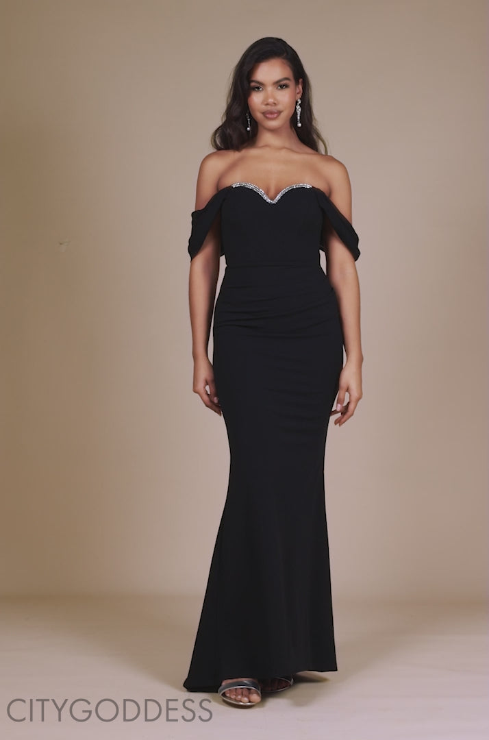 Off The Shoulder Draped Sleeve Maxi Dress With Diamante Neckline DR4588
