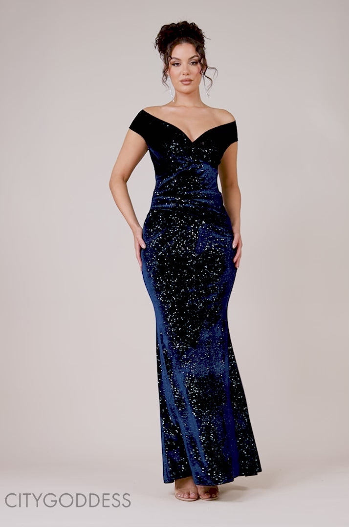 Shimmer Velvet Bardot Maxi Dress DR4643