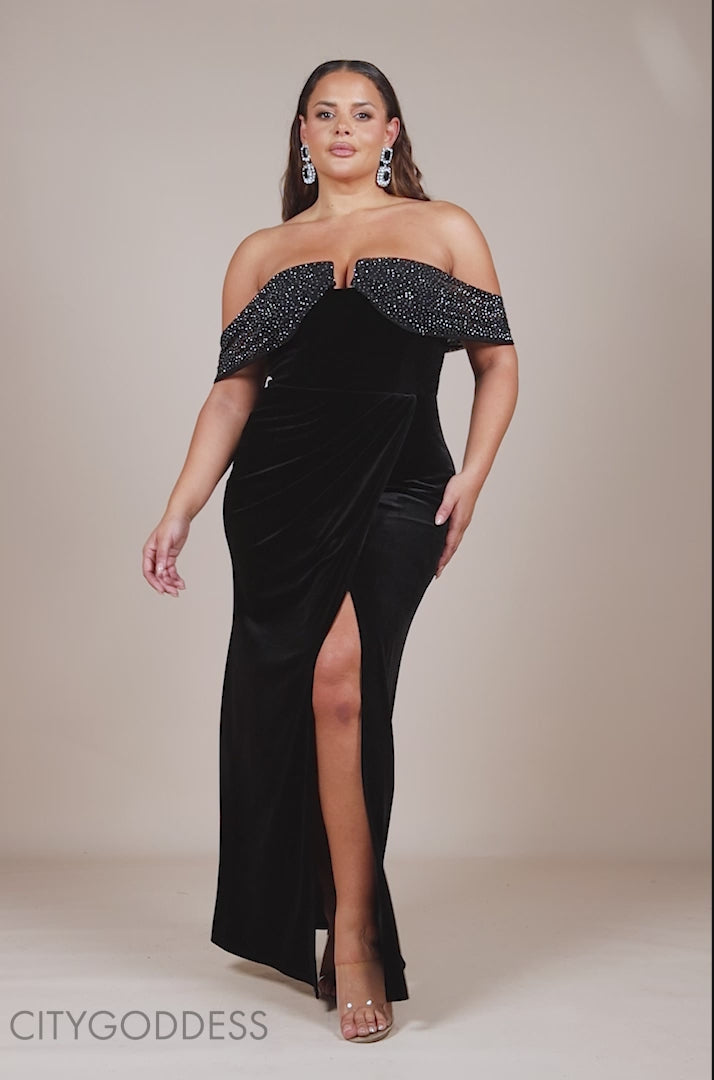 Off Shoulder Hotfix Diamante Wing Velvet Maxi Dress DR4484PLUS