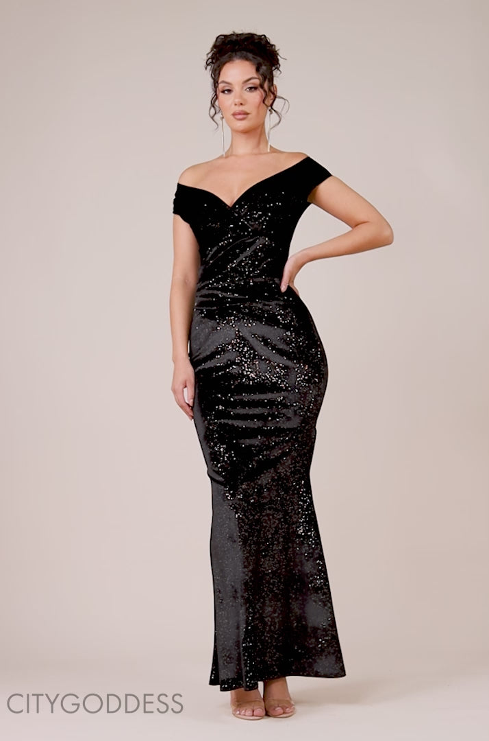 Shimmer Velvet Bardot Maxi Dress DR4643