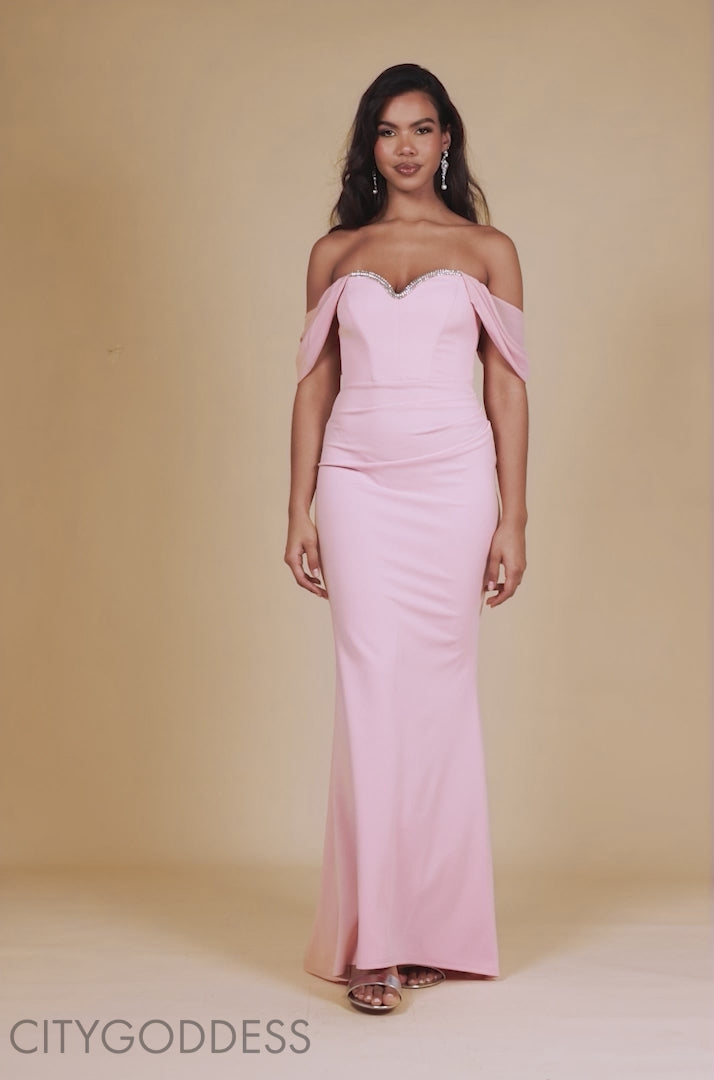 Off The Shoulder Draped Sleeve Maxi Dress With Diamante Neckline DR4588