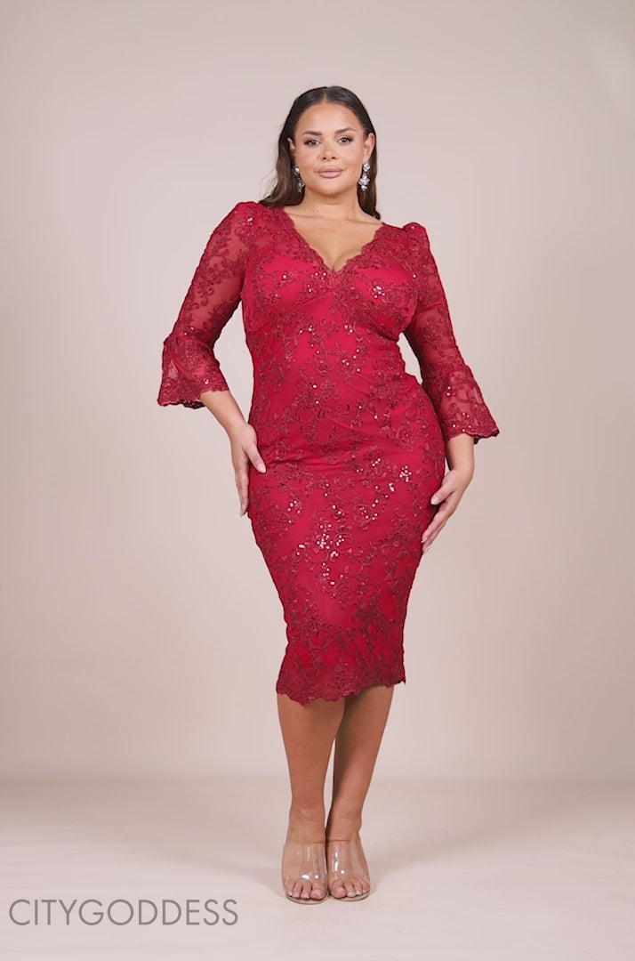 Scallop V Neck Lace Midi Dress DR3960PLUS