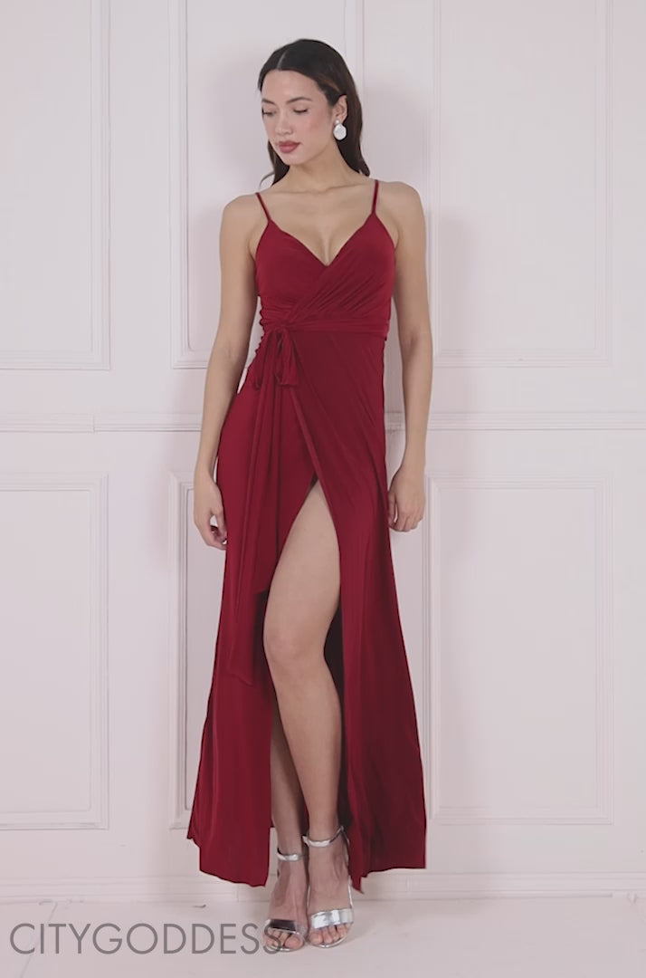 Wrap Front Maxi Slip Dress With Waist Tie-Up DR2250C