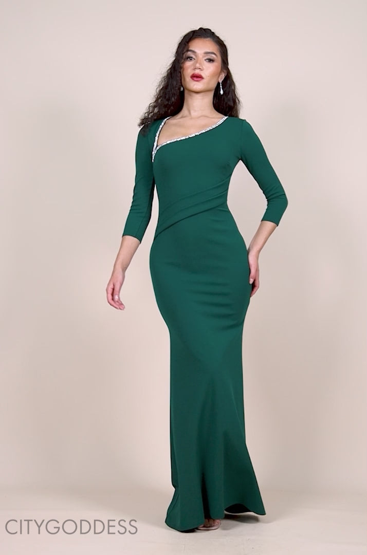 Asymmetric Neck Diamante Embellished Maxi Dress DR4421