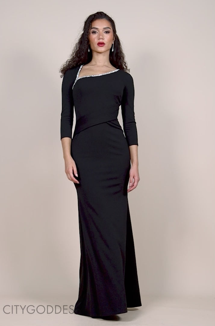 Asymmetric Neck Diamante Embellished Maxi Dress DR4421