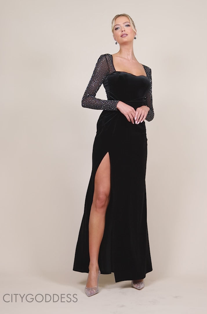 Hotfix Diamante Sleeve Front Split Velvet Maxi Dress DR4383