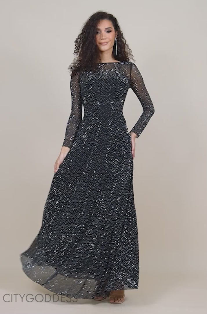 Diamante Mesh Flared Skirt Full Sleeve Maxi DR4365