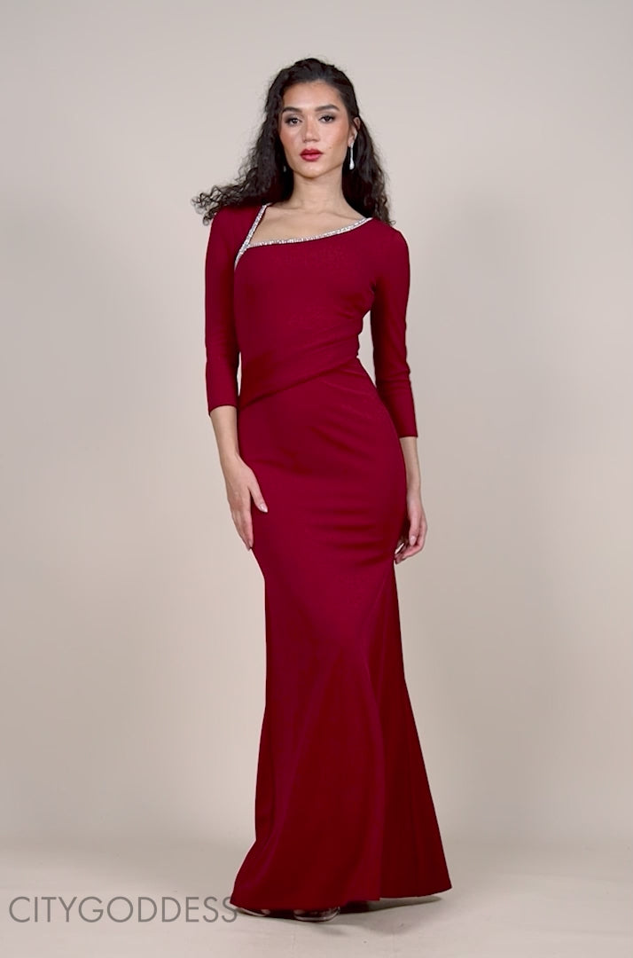 Asymmetric Neck Diamante Embellished Maxi Dress DR4421