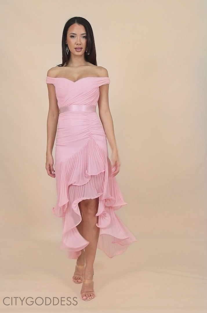 Pleated Bardot High Low Tier Chiffon Midaxi Dress DR4272