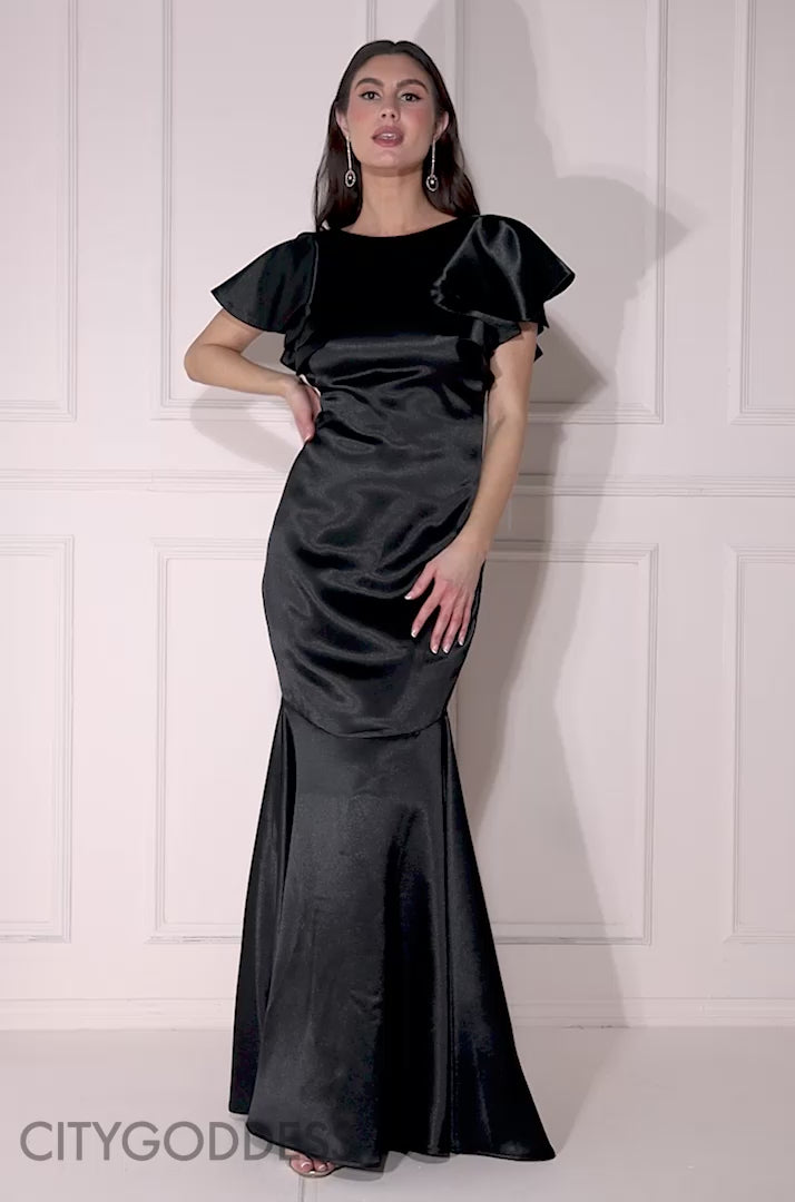 Satin Flutter Sleeve Mermaid Maxi Dress DR3954